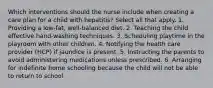 Which interventions should the nurse include when creating a care plan for a child with hepatitis? Select all that apply. 1. Providing a low-fat, well-balanced diet. 2. Teaching the child effective hand-washing techniques. 3. Scheduling playtime in the playroom with other children. 4. Notifying the health care provider (HCP) if jaundice is present. 5. Instructing the parents to avoid administering medications unless prescribed. 6. Arranging for indefinite home schooling because the child will not be able to return to school