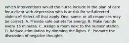 Which interventions would the nurse include in the plan of care for a client with depression who is at risk for self-directed violence? Select all that apply. One, some, or all responses may be correct. A. Provide safe outlets for energy. B. Make rounds every 15 minutes. C. Assign a room next to the nurses' station. D. Reduce stimulation by dimming the lights. E. Promote the discussion of negative thoughts.