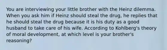 You are interviewing your little brother with the Heinz dilemma. When you ask him if Heinz should steal the drug, he replies that he should steal the drug because it is his duty as a good husband to take care of his wife. According to Kohlberg's theory of moral development, at which level is your brother's reasoning?