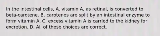 In the intestinal cells, A. vitamin A, as retinal, is converted to beta-carotene. B. carotenes are split by an intestinal enzyme to form vitamin A. C. excess vitamin A is carried to the kidney for excretion. D. All of these choices are correct.