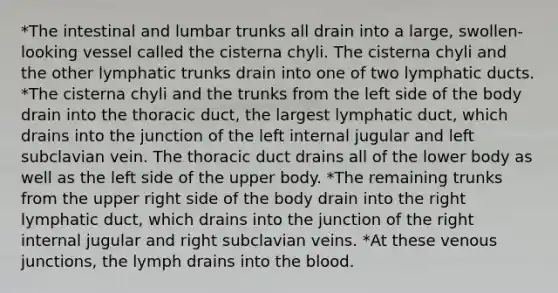 *The intestinal and lumbar trunks all drain into a large, swollen-looking vessel called the cisterna chyli. The cisterna chyli and the other lymphatic trunks drain into one of two lymphatic ducts. *The cisterna chyli and the trunks from the left side of the body drain into the thoracic duct, the largest lymphatic duct, which drains into the junction of the left internal jugular and left subclavian vein. The thoracic duct drains all of the lower body as well as the left side of the upper body. *The remaining trunks from the upper right side of the body drain into the right lymphatic duct, which drains into the junction of the right internal jugular and right subclavian veins. *At these venous junctions, the lymph drains into the blood.