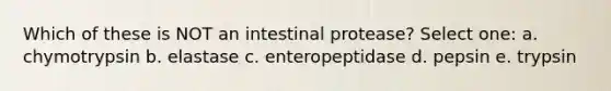 Which of these is NOT an intestinal protease? Select one: a. chymotrypsin b. elastase c. enteropeptidase d. pepsin e. trypsin