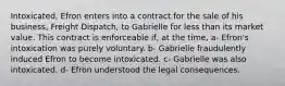 Intoxicated, Efron enters into a contract for the sale of his business, Freight Dispatch, to Gabrielle for less than its market value. This contract is enforceable if, at the time, a- Efron's intoxication was purely voluntary. b- Gabrielle fraudulently induced Efron to become intoxicated. c- Gabrielle was also intoxicated. d- Efron understood the legal consequences.