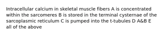 Intracellular calcium in skeletal muscle fibers A is concentrated within the sarcomeres B is stored in the terminal cysternae of the sarcoplasmic reticulum C is pumped into the t-tubules D A&B E all of the above