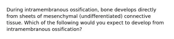 During intramembranous ossification, bone develops directly from sheets of mesenchymal (undifferentiated) connective tissue. Which of the following would you expect to develop from intramembranous ossification?