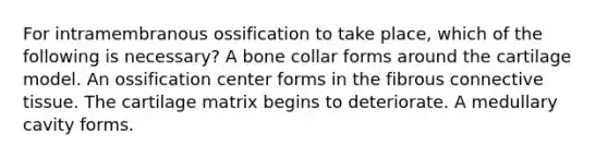 For intramembranous ossification to take place, which of the following is necessary? A bone collar forms around the cartilage model. An ossification center forms in the fibrous connective tissue. The cartilage matrix begins to deteriorate. A medullary cavity forms.