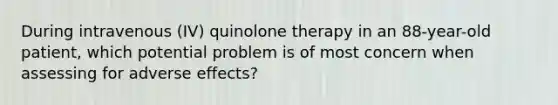 During intravenous (IV) quinolone therapy in an 88-year-old patient, which potential problem is of most concern when assessing for adverse effects?