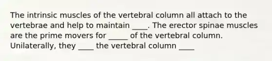 The intrinsic muscles of the vertebral column all attach to the vertebrae and help to maintain ____. The erector spinae muscles are the prime movers for _____ of the vertebral column. Unilaterally, they ____ the vertebral column ____