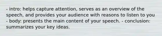 - intro: helps capture attention, serves as an overview of the speech, and provides your audience with reasons to listen to you - body: presents the main content of your speech. - conclusion: summarizes your key ideas.