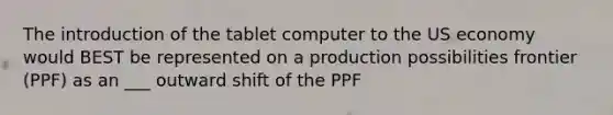 The introduction of the tablet computer to the US economy would BEST be represented on a production possibilities frontier (PPF) as an ___ outward shift of the PPF