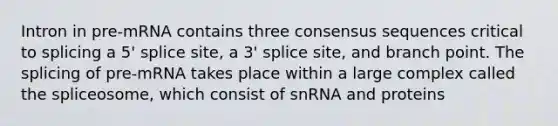 Intron in pre-mRNA contains three consensus sequences critical to splicing a 5' splice site, a 3' splice site, and branch point. The splicing of pre-mRNA takes place within a large complex called the spliceosome, which consist of snRNA and proteins