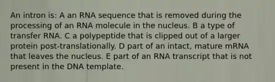 An intron is: A an RNA sequence that is removed during the processing of an RNA molecule in the nucleus. B a type of transfer RNA. C a polypeptide that is clipped out of a larger protein post-translationally. D part of an intact, mature mRNA that leaves the nucleus. E part of an RNA transcript that is not present in the DNA template.