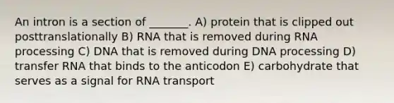 An intron is a section of _______. A) protein that is clipped out posttranslationally B) RNA that is removed during <a href='https://www.questionai.com/knowledge/kapY3KpASG-rna-processing' class='anchor-knowledge'>rna processing</a> C) DNA that is removed during DNA processing D) <a href='https://www.questionai.com/knowledge/kYREgpZMtc-transfer-rna' class='anchor-knowledge'>transfer rna</a> that binds to the anticodon E) carbohydrate that serves as a signal for RNA transport