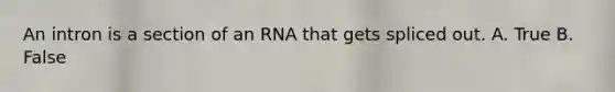 An intron is a section of an RNA that gets spliced out. A. True B. False