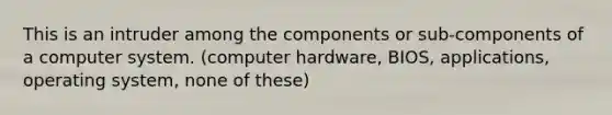 This is an intruder among the components or sub-components of a computer system. (computer hardware, BIOS, applications, operating system, none of these)