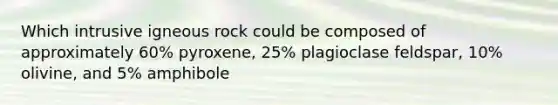 Which intrusive igneous rock could be composed of approximately 60% pyroxene, 25% plagioclase feldspar, 10% olivine, and 5% amphibole