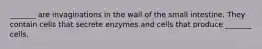 _______ are invaginations in the wall of the small intestine. They contain cells that secrete enzymes and cells that produce _______ cells.