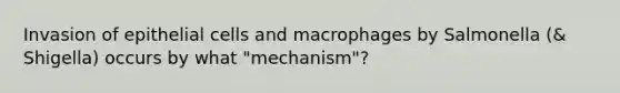 Invasion of epithelial cells and macrophages by Salmonella (& Shigella) occurs by what "mechanism"?