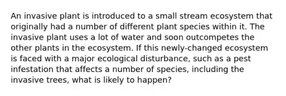 An invasive plant is introduced to a small stream ecosystem that originally had a number of different plant species within it. The invasive plant uses a lot of water and soon outcompetes the other plants in <a href='https://www.questionai.com/knowledge/k49x5J3j3W-the-ecosystem' class='anchor-knowledge'>the ecosystem</a>. If this newly-changed ecosystem is faced with a major ecological disturbance, such as a pest infestation that affects a number of species, including the invasive trees, what is likely to happen?