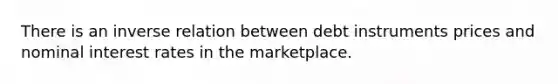 There is an <a href='https://www.questionai.com/knowledge/kc6KNK1VxL-inverse-relation' class='anchor-knowledge'>inverse relation</a> between debt instruments prices and nominal interest rates in the marketplace.