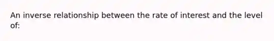 An <a href='https://www.questionai.com/knowledge/kc6KNK1VxL-inverse-relation' class='anchor-knowledge'>inverse relation</a>ship between the rate of interest and the level of: