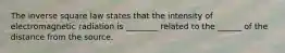 The inverse square law states that the intensity of electromagnetic radiation is ________ related to the ______ of the distance from the source.