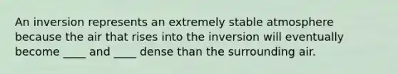 An inversion represents an extremely stable atmosphere because the air that rises into the inversion will eventually become ____ and ____ dense than the surrounding air.