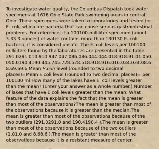 To investigate water quality, the Columbus Dispatch took water specimens at 1616 Ohio State Park swimming areas in central Ohio. Those specimens were taken to laboratories and tested for E. coli, which are bacteria that can cause serious gastrointestinal problems. For reference, if a 100100‑milliliter specimen (about 3.33.3 ounces) of water contains more than 130130 E. coli bacteria, it is considered unsafe. The E. coli levels per 100100 milliliters found by the laboratories are presented in the table: 291.0291.010.910.947.047.086.086.044.044.018.918.91.01.050.050.0190.4190.445.745.728.528.518.918.916.016.034.034.08.68.69.69.6 Mean 𝐸.𝑐𝑜𝑙𝑖 level (rounded to two decimal places)=Mean E.coli level (rounded to two decimal places)= per 100100 ml How many of the lakes have E. coli levels greater than the mean? (Enter your answer as a whole number.) Number of lakes that have E.coli levels greater than the mean: What feature of the data explains the fact that the mean is greater than most of the observations?The mean is greater than most of the observations because it is greater than the median.The mean is greater than most of the observations because of the two outliers (291.0291.0 and 190.4190.4 ).The mean is greater than most of the observations because of the two outliers (1.01.0 and 8.68.6 ).The mean is greater than most of the observations because it is a resistant measure of center.