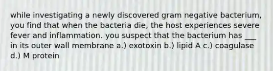 while investigating a newly discovered gram negative bacterium, you find that when the bacteria die, the host experiences severe fever and inflammation. you suspect that the bacterium has ___ in its outer wall membrane a.) exotoxin b.) lipid A c.) coagulase d.) M protein