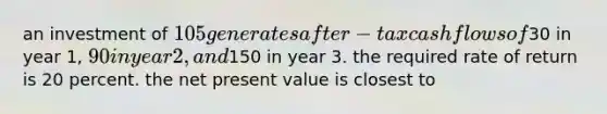 an investment of 105 generates after-tax cash flows of30 in year 1, 90 in year 2, and150 in year 3. the required rate of return is 20 percent. the net present value is closest to