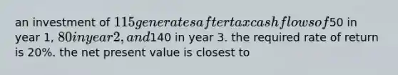 an investment of 115 generates after tax cash flows of50 in year 1, 80 in year 2, and140 in year 3. the required rate of return is 20%. the net present value is closest to