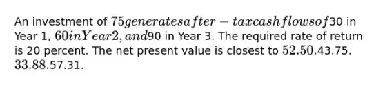 An investment of 75 generates after-tax cash flows of30 in Year 1, 60 in Year 2, and90 in Year 3. The required rate of return is 20 percent. The net present value is closest to 52.50.43.75. 33.88.57.31.