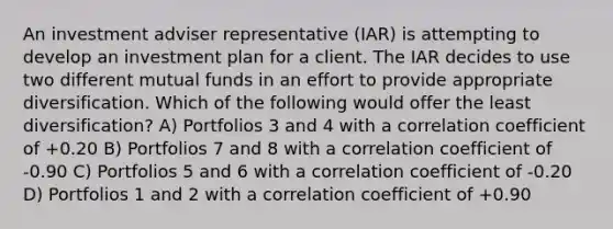 An investment adviser representative (IAR) is attempting to develop an investment plan for a client. The IAR decides to use two different mutual funds in an effort to provide appropriate diversification. Which of the following would offer the least diversification? A) Portfolios 3 and 4 with a correlation coefficient of +0.20 B) Portfolios 7 and 8 with a correlation coefficient of -0.90 C) Portfolios 5 and 6 with a correlation coefficient of -0.20 D) Portfolios 1 and 2 with a correlation coefficient of +0.90