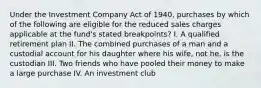 Under the Investment Company Act of 1940, purchases by which of the following are eligible for the reduced sales charges applicable at the fund's stated breakpoints? I. A qualified retirement plan II. The combined purchases of a man and a custodial account for his daughter where his wife, not he, is the custodian III. Two friends who have pooled their money to make a large purchase IV. An investment club