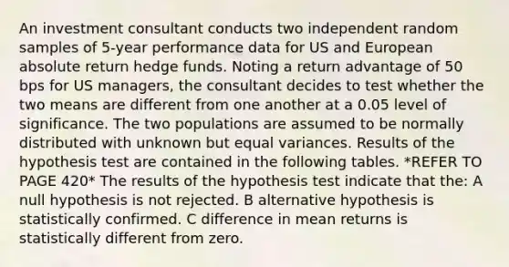 An investment consultant conducts two independent random samples of 5-year performance data for US and European absolute return hedge funds. Noting a return advantage of 50 bps for US managers, the consultant decides to test whether the two means are different from one another at a 0.05 level of significance. The two populations are assumed to be normally distributed with unknown but equal variances. Results of the hypothesis test are contained in the following tables. *REFER TO PAGE 420* The results of the hypothesis test indicate that the: A null hypothesis is not rejected. B alternative hypothesis is statistically confirmed. C difference in mean returns is statistically different from zero.