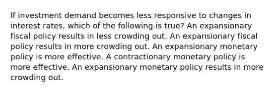 If investment demand becomes less responsive to changes in interest rates, which of the following is true? An expansionary <a href='https://www.questionai.com/knowledge/kPTgdbKdvz-fiscal-policy' class='anchor-knowledge'>fiscal policy</a> results in less crowding out. An expansionary fiscal policy results in more crowding out. An expansionary <a href='https://www.questionai.com/knowledge/kEE0G7Llsx-monetary-policy' class='anchor-knowledge'>monetary policy</a> is more effective. A contractionary monetary policy is more effective. An expansionary monetary policy results in more crowding out.