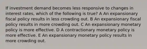 If investment demand becomes less responsive to changes in interest rates, which of the following is true? A An expansionary fiscal policy results in less crowding out. B An expansionary fiscal policy results in more crowding out. C An expansionary monetary policy is more effective. D A contractionary monetary policy is more effective. E An expansionary monetary policy results in more crowding out.