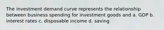 The investment demand curve represents the relationship between business spending for investment goods and a. GDP b. interest rates c. disposable income d. saving