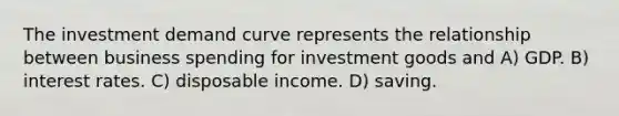 The investment demand curve represents the relationship between business spending for investment goods and A) GDP. B) interest rates. C) disposable income. D) saving.