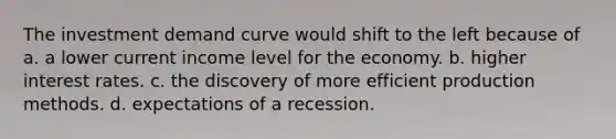 The investment demand curve would shift to the left because of a. a lower current income level for the economy. b. higher interest rates. c. the discovery of more efficient production methods. d. expectations of a recession.