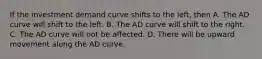 If the investment demand curve shifts to the left, then A. The AD curve will shift to the left. B. The AD curve will shift to the right. C. The AD curve will not be affected. D. There will be upward movement along the AD curve.