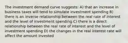 The investment demand curve suggests: A) that an increase in business taxes will tend to simulate investment spending B) there is an inverse relationship between the real rate of interest and the level of investment spending C) there is a direct relationship between the real rate of interest and the level of investment spending D) the changes in the real interest rate will affect the amount invested