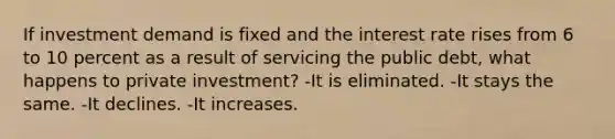 If investment demand is fixed and the interest rate rises from 6 to 10 percent as a result of servicing the public debt, what happens to private investment? -It is eliminated. -It stays the same. -It declines. -It increases.