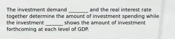 The investment demand ________ and the real interest rate together determine the amount of investment spending while the investment _______ shows the amount of investment forthcoming at each level of GDP.