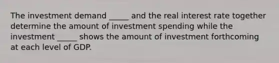 The investment demand _____ and the real interest rate together determine the amount of investment spending while the investment _____ shows the amount of investment forthcoming at each level of GDP.