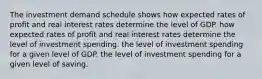 The investment demand schedule shows how expected rates of profit and real interest rates determine the level of GDP. how expected rates of profit and real interest rates determine the level of investment spending. the level of investment spending for a given level of GDP. the level of investment spending for a given level of saving.