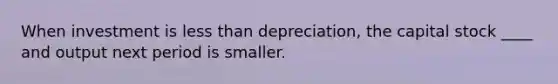 When investment is less than depreciation, the capital stock ____ and output next period is smaller.