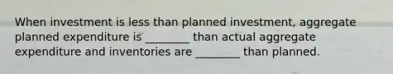 When investment is less than planned​ investment, aggregate planned expenditure is​ ________ than actual aggregate expenditure and inventories are​ ________ than planned.