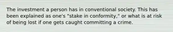 The investment a person has in conventional society. This has been explained as one's "stake in conformity," or what is at risk of being lost if one gets caught committing a crime.