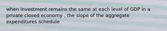 when investment remains the same at each level of GDP in a private closed economy , the slope of the aggregate expenditures schedule